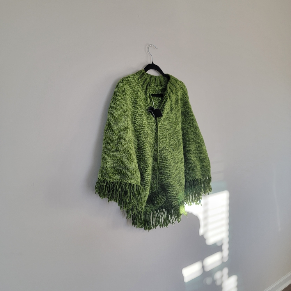 Vintage Green HandKnit Fringe Poncho